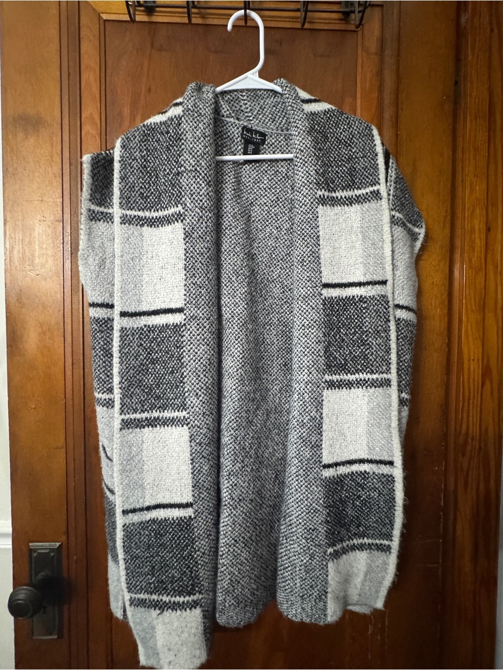 Nicole Miller Plaid Oversized Cardigan Jacket/Poncho Shawl Grey Black, Size M